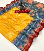 Yellow semi viscose silk saree with peacock zari & bagru print