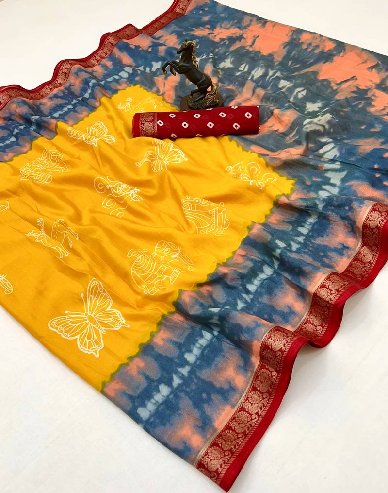Yellow semi viscose silk saree with peacock zari & bagru print