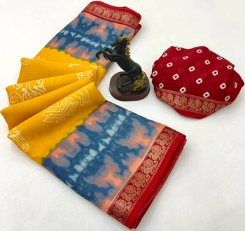 Yellow semi viscose silk saree with peacock zari & bagru print 2