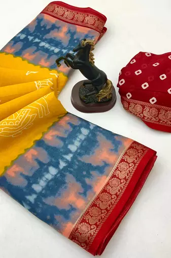 Yellow semi viscose silk saree with peacock zari & bagru print