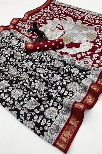Black viscose silk saree with peacock zari & bagru print