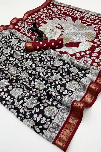 Black viscose silk saree with peacock zari & bagru print