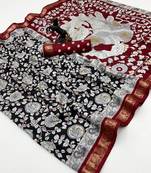 Black viscose silk saree with peacock zari & bagru print