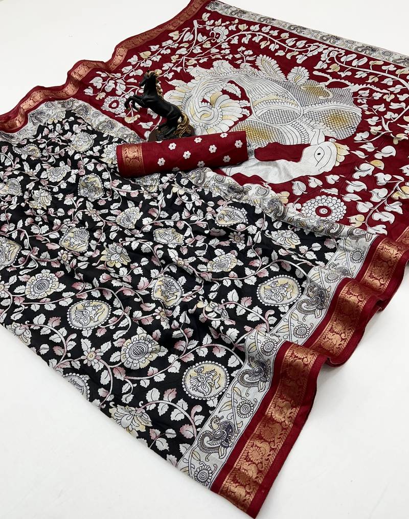 Black viscose silk saree with peacock zari & bagru print