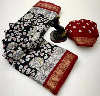 Black viscose silk saree with peacock zari & bagru print 2