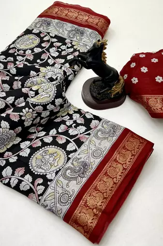 Black viscose silk saree with peacock zari & bagru print