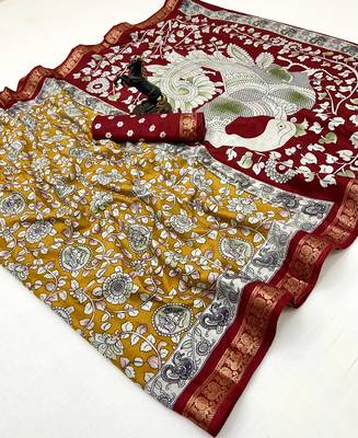 Yellow viscose silk saree with peacock zari & bagru print 1