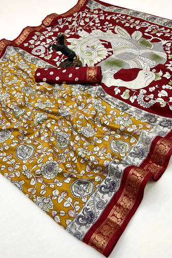 Yellow viscose silk saree with peacock zari & bagru print