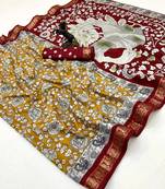 Yellow viscose silk saree with peacock zari & bagru print