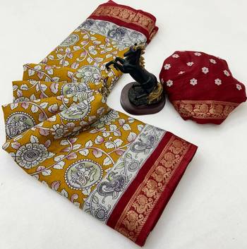 Yellow viscose silk saree with peacock zari & bagru print 2