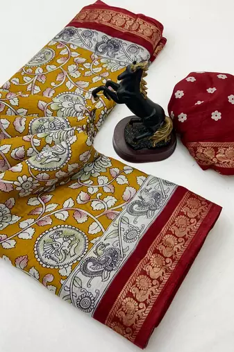 Yellow viscose silk saree with peacock zari & bagru print