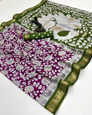 Wine viscose silk saree with peacock zari & bagru print 1