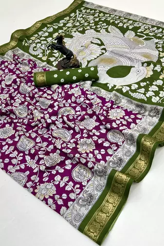 Wine viscose silk saree with peacock zari & bagru print