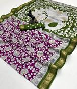 Wine viscose silk saree with peacock zari & bagru print