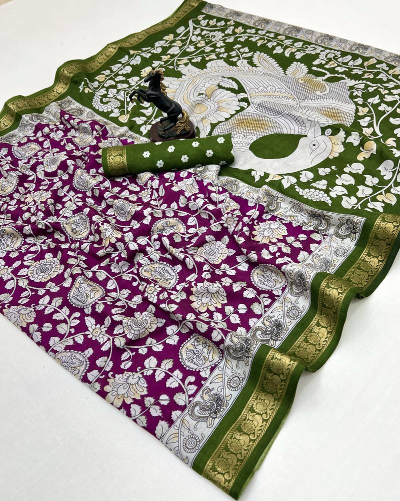 Wine viscose silk saree with peacock zari & bagru print