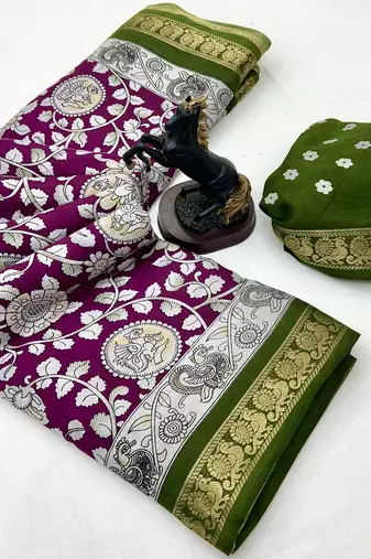 Wine viscose silk saree with peacock zari & bagru print