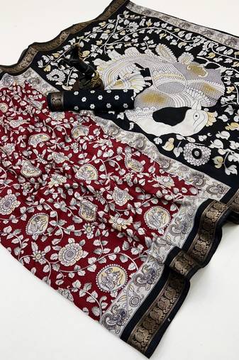 Red viscose silk saree with peacock zari & bagru print