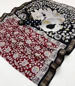 Red viscose silk saree with peacock zari & bagru print