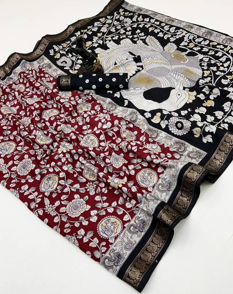 Red viscose silk saree with peacock zari & bagru print