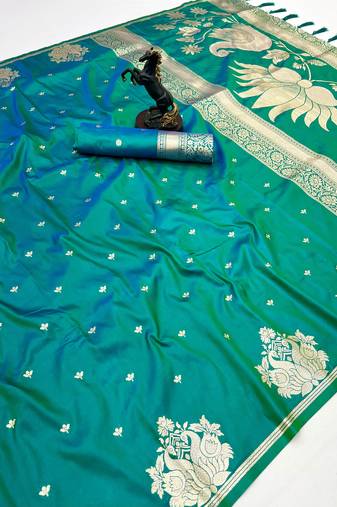 Rama green banarasi silk saree with swan zari motifs & designer pallu