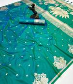 Rama green banarasi silk saree with swan zari motifs & designer pallu