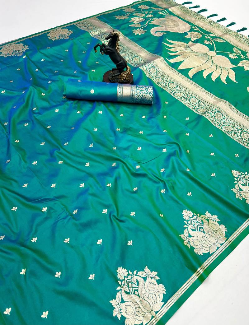 Rama green banarasi silk saree with swan zari motifs & designer pallu