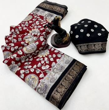 Red viscose silk saree with peacock zari & bagru print 2