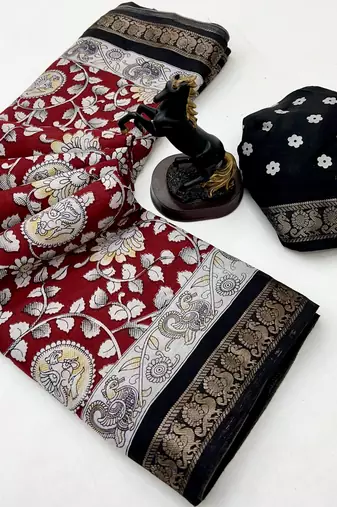 Red viscose silk saree with peacock zari & bagru print