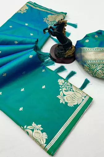 Rama green banarasi silk saree with swan zari motifs & designer pallu