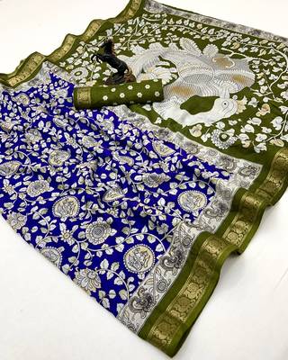 Blue viscose silk saree with peacock zari & bagru print 1