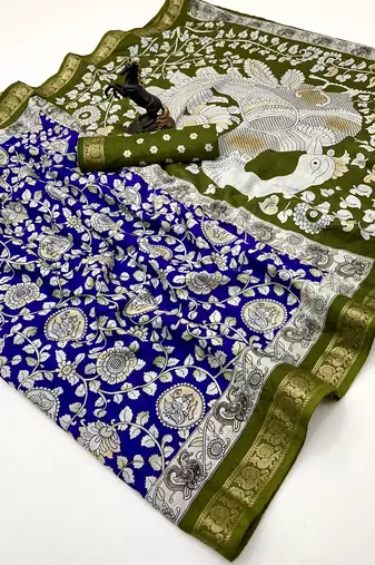 Blue viscose silk saree with peacock zari & bagru print
