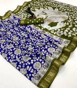 Blue viscose silk saree with peacock zari & bagru print