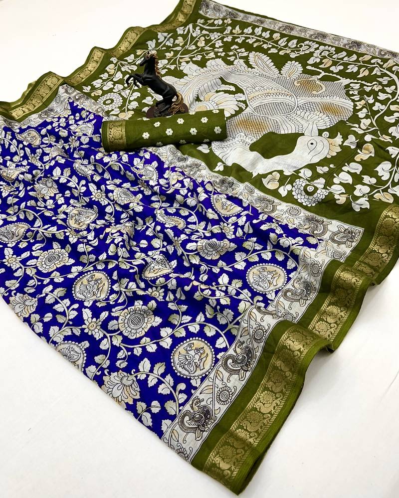 Blue viscose silk saree with peacock zari & bagru print