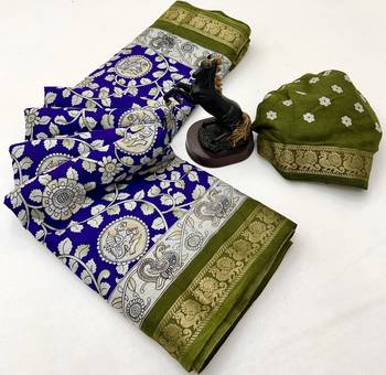 Blue viscose silk saree with peacock zari & bagru print 2