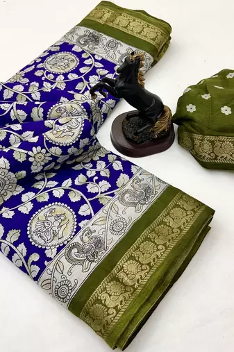 Blue viscose silk saree with peacock zari & bagru print