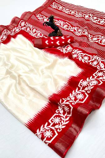 White handloom cotton silk saree with zari border & temple design pallu