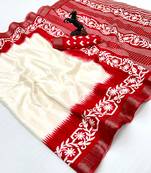 White handloom cotton silk saree with zari border & temple design pallu