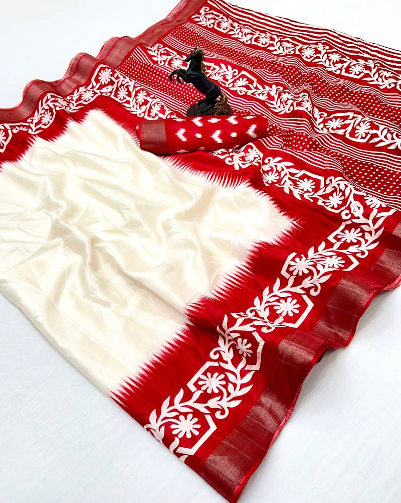 White handloom cotton silk saree with zari border & temple design pallu