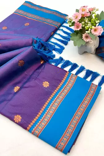 Rama green soft silk saree with dual zari motifs, narayan border & contrast pallu