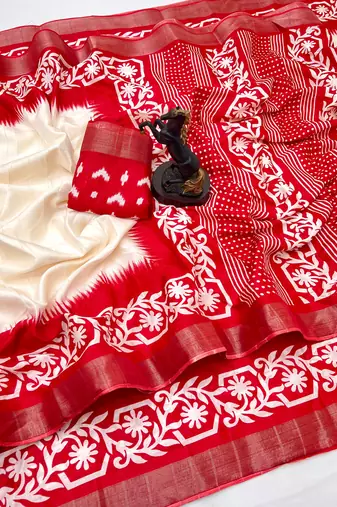White handloom cotton silk saree with zari border & temple design pallu
