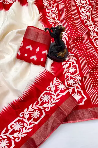 White handloom cotton silk saree with zari border & temple design pallu