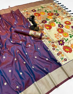 Rama green soft silk paithani saree with floral zari border & designer pallu 1