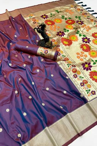 Rama green soft silk paithani saree with floral zari border & designer pallu