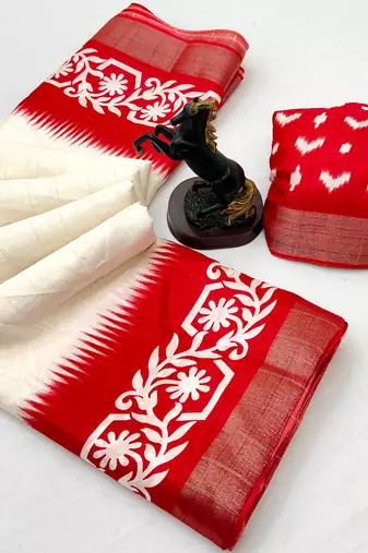 White handloom cotton silk saree with zari border & temple design pallu