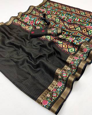 Black spice silk saree with zari border, check design & floral pallu 1