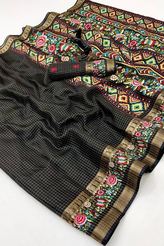 Black spice silk saree with zari border, check design & floral pallu