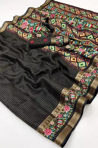 Black spice silk saree with zari border, check design & floral pallu