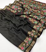 Black spice silk saree with zari border, check design & floral pallu