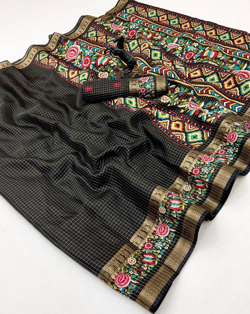 Black spice silk saree with zari border, check design & floral pallu
