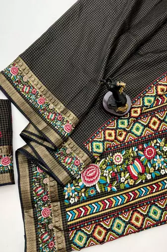 Black spice silk saree with zari border, check design & floral pallu